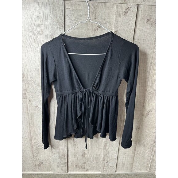 AM PM by Espiral Womens M Shrug Tie Front Black Baby Doll Top Boho Cottagecore - Picture 2 of 5